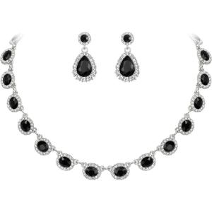 imageBriLove Wedding Jewelry Set for Women Bride Necklace Earrings Crystal Teardrop Oval Cluster Bridal Bridesmaid Party PromBlack SilverTone