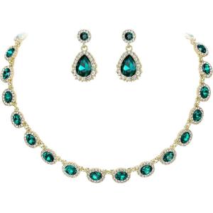 imageBriLove Wedding Jewelry Set for Women Bride Necklace Earrings Crystal Teardrop Oval Cluster Bridal Bridesmaid Party PromEmerald Color GoldTone