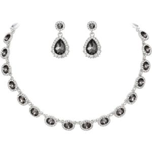 imageBriLove Wedding Jewelry Set for Women Bride Necklace Earrings Crystal Teardrop Oval Cluster Bridal Bridesmaid Party PromGrey SilverTone