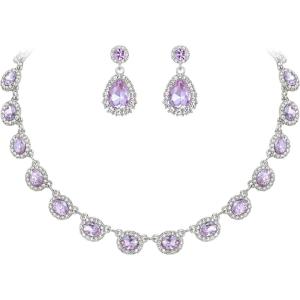 imageBriLove Wedding Jewelry Set for Women Bride Necklace Earrings Crystal Teardrop Oval Cluster Bridal Bridesmaid Party PromLight Purple SilverTone