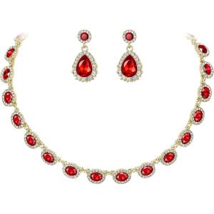 imageBriLove Wedding Jewelry Set for Women Bride Necklace Earrings Crystal Teardrop Oval Cluster Bridal Bridesmaid Party PromRuby Color GoldTone