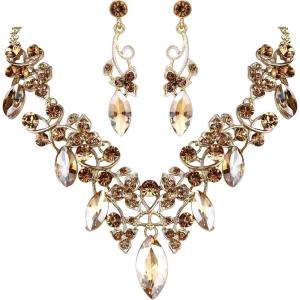 imageBriLove Womens Costume Fashion Crystal Floral Vine Leaf Statement Necklace Dangle Earrings SetChampagne GoldTone