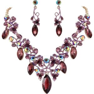 imageBriLove Womens Costume Fashion Crystal Floral Vine Leaf Statement Necklace Dangle Earrings SetDeep Amethyst Color GoldTone