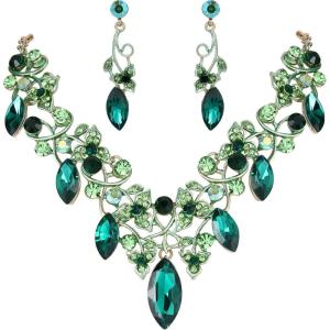 imageBriLove Womens Costume Fashion Crystal Floral Vine Leaf Statement Necklace Dangle Earrings SetEmerald Color GoldTone