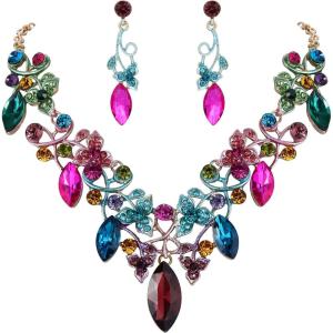 imageBriLove Womens Costume Fashion Crystal Floral Vine Leaf Statement Necklace Dangle Earrings SetMulticolor GoldTone