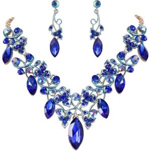 imageBriLove Womens Costume Fashion Crystal Floral Vine Leaf Statement Necklace Dangle Earrings SetRoyal Blue GoldTone