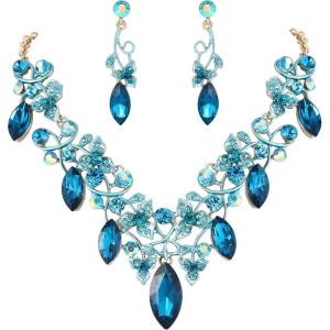 imageBriLove Womens Costume Fashion Crystal Floral Vine Leaf Statement Necklace Dangle Earrings SetTurquoise Color GoldTone