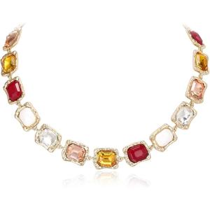 imageBriLove Womens Geometric Collar Necklace Irregular Rectangle Emerald Cut Cluster Stunning Crystal Simulated Pearl Statement Chunky Bib Necklace for PartyPink Multicolor GoldTone