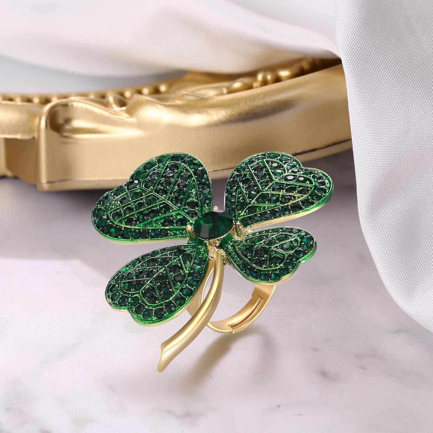 imageBriLove Clover Ring for Women Gorgeous Shiny Rhinestones Green Leaf Shape Statement Rings for St Patricks Day Party Prom Accessories Emerald Color GoldTone