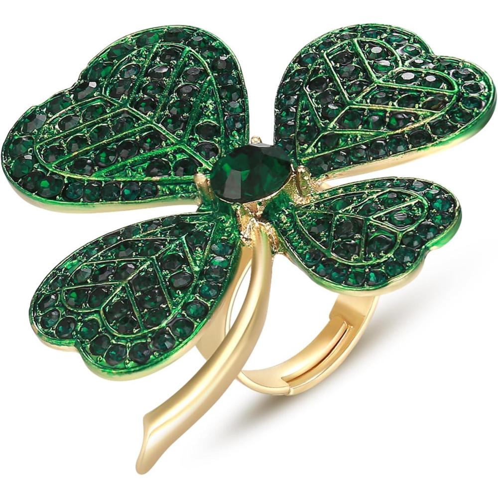 imageBriLove Clover Ring for Women Gorgeous Shiny Rhinestones Green Leaf Shape Statement Rings for St Patricks Day Party Prom Accessories Emerald Color GoldTone