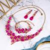 imageBriLove Wedding Bridal Jewelery for Women Austrian Crystal Teardrop Cluster Statement Necklace Dangle Earrings Link Bracelet Set13Fuchsia GoldTone