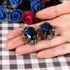 imageBriLove Womens Victorian Style Crystal Floral Cameo Inspired Oval ClipOn EarringsNavy Blue AntiqueGoldTone