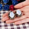 imageBriLove Womens Victorian Style Crystal Floral Cameo Inspired Oval ClipOn EarringsOpal Color AntiqueGoldTone