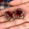 imageBriLove Womens Victorian Style Crystal Floral Cameo Inspired Oval ClipOn EarringsRuby Color AntiqueGoldTone