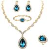 imageBriLove Womens Africa 18k Gold Plated Jewelry Set Crystal Rhinestones Petals Teardrop Cluster Bib Statement Necklace Link Bracelet Dangle Earrings Ring for Prom03Blue Topaz GoldTone