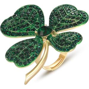 imageBriLove Clover Ring for Women Gorgeous Shiny Rhinestones Green Leaf Shape Statement Rings for St Patricks Day Party Prom Accessories Emerald Color GoldTone