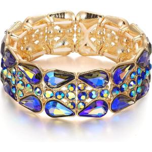imageBriLove Wedding Bridal Elegant Crystal Double Row Teardrop Rhinestones Cluster Stretch Bangle Bracelet for Bride02Blue GoldTone