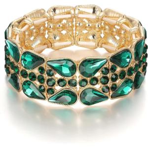 imageBriLove Wedding Bridal Elegant Crystal Double Row Teardrop Rhinestones Cluster Stretch Bangle Bracelet for Bride03Emerald Color GoldTone