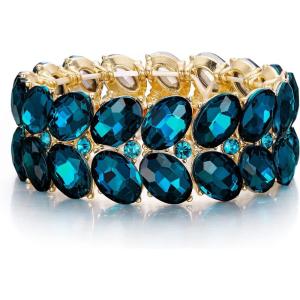 imageBriLove Wedding Bridal Elegant Crystal Double Row Teardrop Rhinestones Cluster Stretch Bangle Bracelet for BrideOvalBlue GoldTone