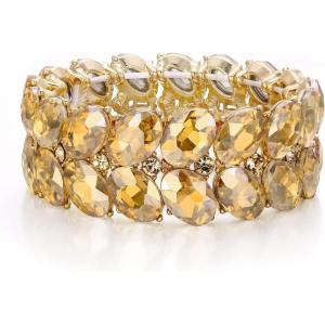 imageBriLove Wedding Bridal Elegant Crystal Double Row Teardrop Rhinestones Cluster Stretch Bangle Bracelet for BrideOvalChampagne GoldTone