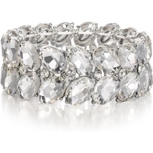 imageBriLove Wedding Bridal Elegant Crystal Double Row Teardrop Rhinestones Cluster Stretch Bangle Bracelet for BrideOvalClear SilverTone