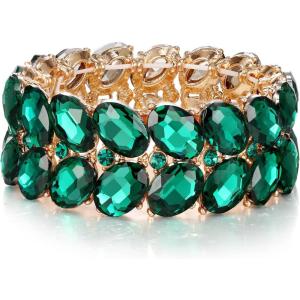 imageBriLove Wedding Bridal Elegant Crystal Double Row Teardrop Rhinestones Cluster Stretch Bangle Bracelet for BrideOvalEmerald Color GoldTone