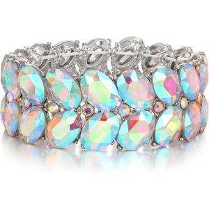 imageBriLove Wedding Bridal Elegant Crystal Double Row Teardrop Rhinestones Cluster Stretch Bangle Bracelet for BrideOvalIridescent AB SilverTone