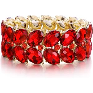 imageBriLove Wedding Bridal Elegant Crystal Double Row Teardrop Rhinestones Cluster Stretch Bangle Bracelet for BrideOvalRuby Color GoldTone