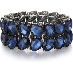 imageBriLove Wedding Bridal Elegant Crystal Double Row Teardrop Rhinestones Cluster Stretch Bangle Bracelet for BrideOvalSapphire Color BlackTone