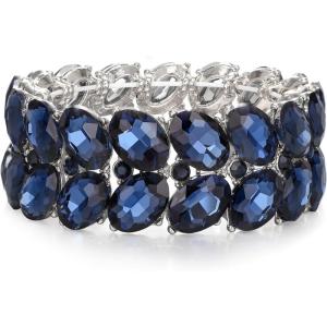 imageBriLove Wedding Bridal Elegant Crystal Double Row Teardrop Rhinestones Cluster Stretch Bangle Bracelet for BrideOvalSapphire Color SilverTone
