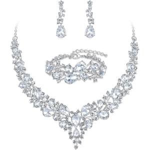 imageBriLove Wedding Bridal Jewelery for Women Austrian Crystal Teardrop Cluster Statement Necklace Dangle Earrings Link Bracelet Set01Clear SilverTone