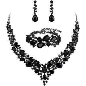 imageBriLove Wedding Bridal Jewelery for Women Austrian Crystal Teardrop Cluster Statement Necklace Dangle Earrings Link Bracelet Set02Black BlackTone