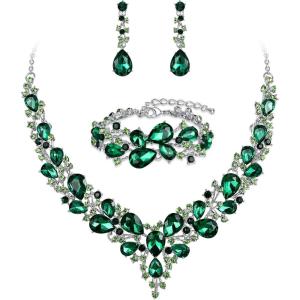 imageBriLove Wedding Bridal Jewelery for Women Austrian Crystal Teardrop Cluster Statement Necklace Dangle Earrings Link Bracelet Set04Emerald Color SilverTone