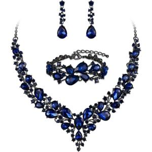 imageBriLove Wedding Bridal Jewelery for Women Austrian Crystal Teardrop Cluster Statement Necklace Dangle Earrings Link Bracelet Set05Sapphire Color BlackSilverTone