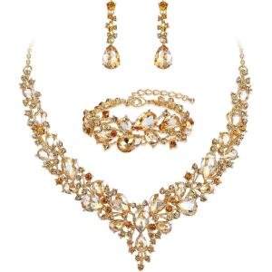 imageBriLove Wedding Bridal Jewelery for Women Austrian Crystal Teardrop Cluster Statement Necklace Dangle Earrings Link Bracelet Set08Champagne GoldTone