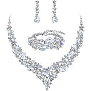 imageBriLove Wedding Bridal Jewelery for Women Austrian Crystal Teardrop Cluster Statement Necklace Dangle Earrings Link Bracelet Set09Clear RhodiumTone