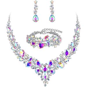 imageBriLove Wedding Bridal Jewelery for Women Austrian Crystal Teardrop Cluster Statement Necklace Dangle Earrings Link Bracelet Set10Iridescent AB SilverTone