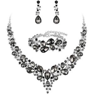 imageBriLove Wedding Bridal Jewelery for Women Austrian Crystal Teardrop Cluster Statement Necklace Dangle Earrings Link Bracelet Set11Grey Black SilverTone
