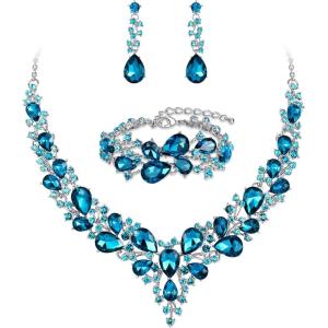 imageBriLove Wedding Bridal Jewelery for Women Austrian Crystal Teardrop Cluster Statement Necklace Dangle Earrings Link Bracelet Set12Sky Blue SilverTone