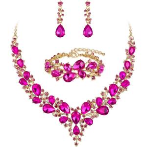 imageBriLove Wedding Bridal Jewelery for Women Austrian Crystal Teardrop Cluster Statement Necklace Dangle Earrings Link Bracelet Set13Fuchsia GoldTone