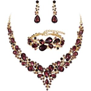 imageBriLove Wedding Bridal Jewelery for Women Austrian Crystal Teardrop Cluster Statement Necklace Dangle Earrings Link Bracelet Set14Deep Amethyst Color GoldTone