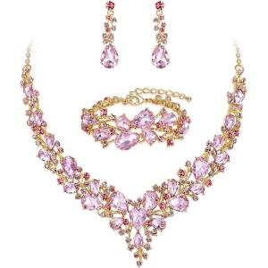 imageBriLove Wedding Bridal Jewelery for Women Austrian Crystal Teardrop Cluster Statement Necklace Dangle Earrings Link Bracelet Set15Pink GoldTone