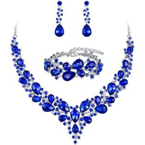 imageBriLove Wedding Bridal Jewelery for Women Austrian Crystal Teardrop Cluster Statement Necklace Dangle Earrings Link Bracelet Set16Blue SilverTone
