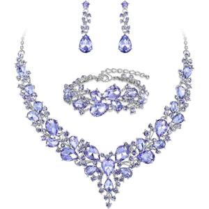 imageBriLove Wedding Bridal Jewelery for Women Austrian Crystal Teardrop Cluster Statement Necklace Dangle Earrings Link Bracelet Set17Light Purple SilverTone