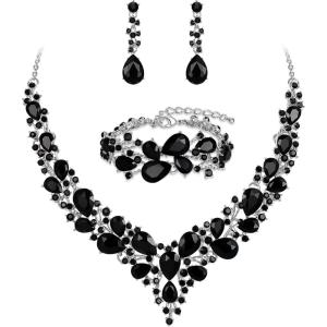 imageBriLove Wedding Bridal Jewelery for Women Austrian Crystal Teardrop Cluster Statement Necklace Dangle Earrings Link Bracelet Set18Black Silvertone