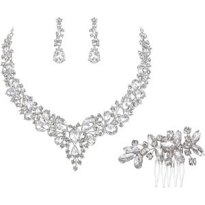 imageBriLove Wedding Bridal Jewelery for Women Austrian Crystal Teardrop Cluster Statement Necklace Dangle Earrings Link Bracelet Set20Clear