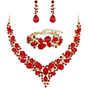 imageBriLove Wedding Bridal Jewelery for Women Austrian Crystal Teardrop Cluster Statement Necklace Dangle Earrings Link Bracelet Set20Ruby Color GoldTone