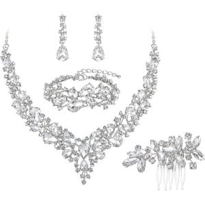 imageBriLove Wedding Bridal Jewelery for Women Austrian Crystal Teardrop Cluster Statement Necklace Dangle Earrings Link Bracelet Set21Clear rhodiumtone