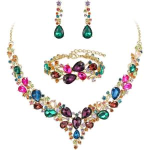 imageBriLove Wedding Bridal Jewelery for Women Austrian Crystal Teardrop Cluster Statement Necklace Dangle Earrings Link Bracelet Set22Multicolor GoldTone