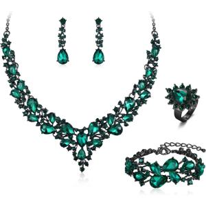 imageBriLove Wedding Bridal Jewelery for Women Austrian Crystal Teardrop Cluster Statement Necklace Dangle Earrings Link Bracelet Set4Pcs Emearld Color BlackTone